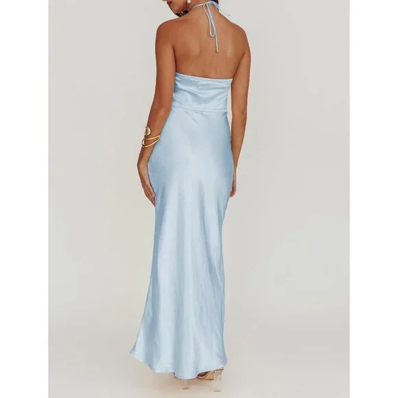 Women's Blue Summer Silk Sleeveless Cocktail Formal Backless Long Maxi - Picture 3 of 6